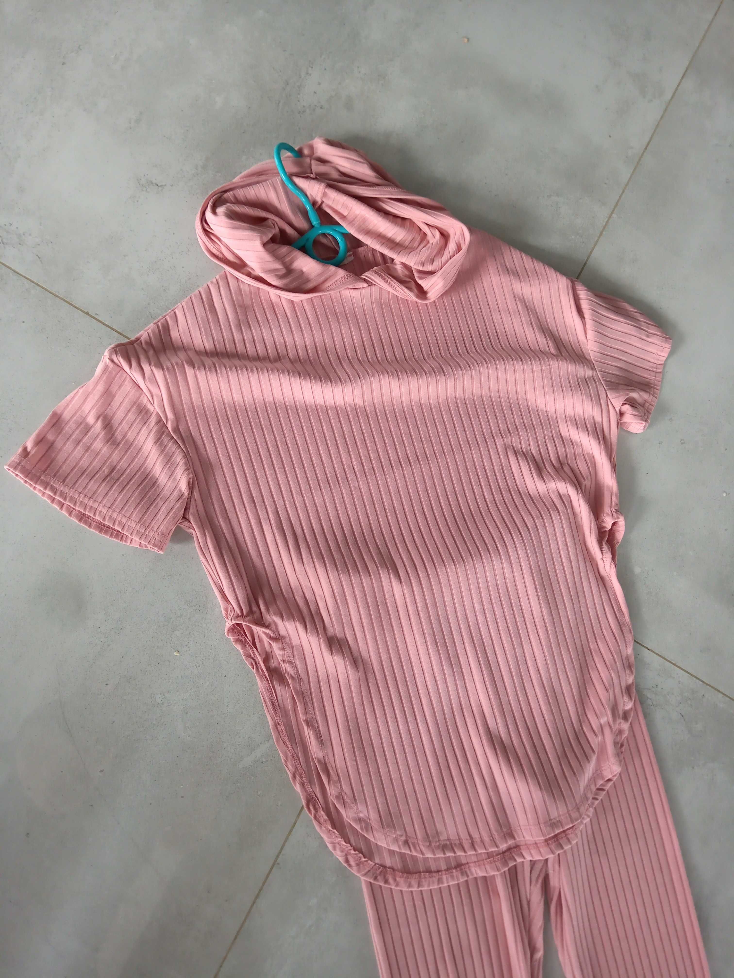 Komplet prążek damski leginsy bluza s/m pudrowy róż sportowy dres
