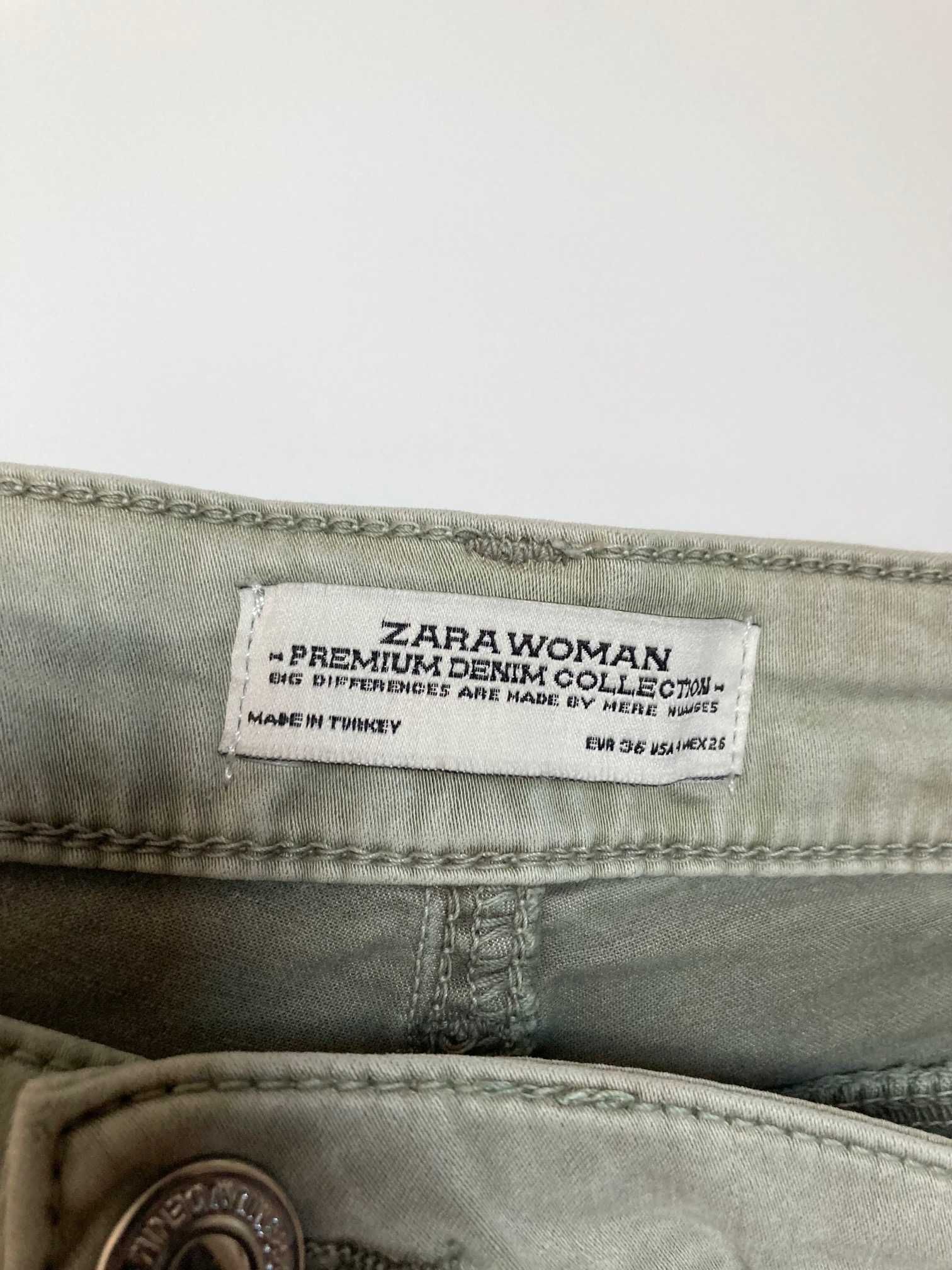 Spodnie rurki Zara khaki skinny zamki pastelowy zielony