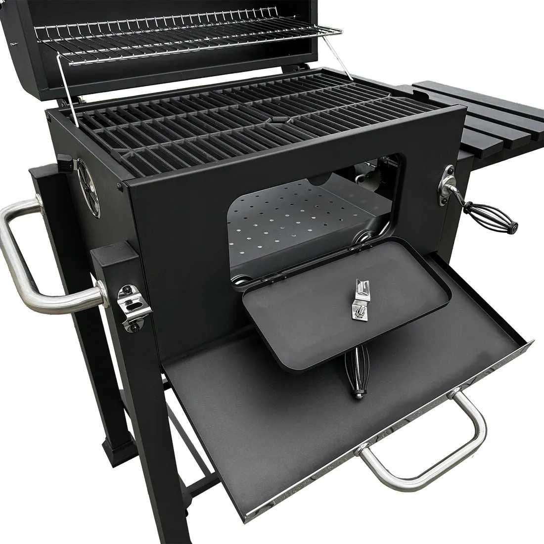 Duży grill węglowy żeliwny ruszt solidny trwały kółka półki termometr