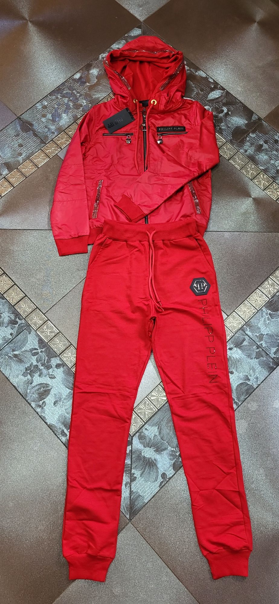 PP czerwony dres damski premium bomberka spodnie zasuwny kaptur S