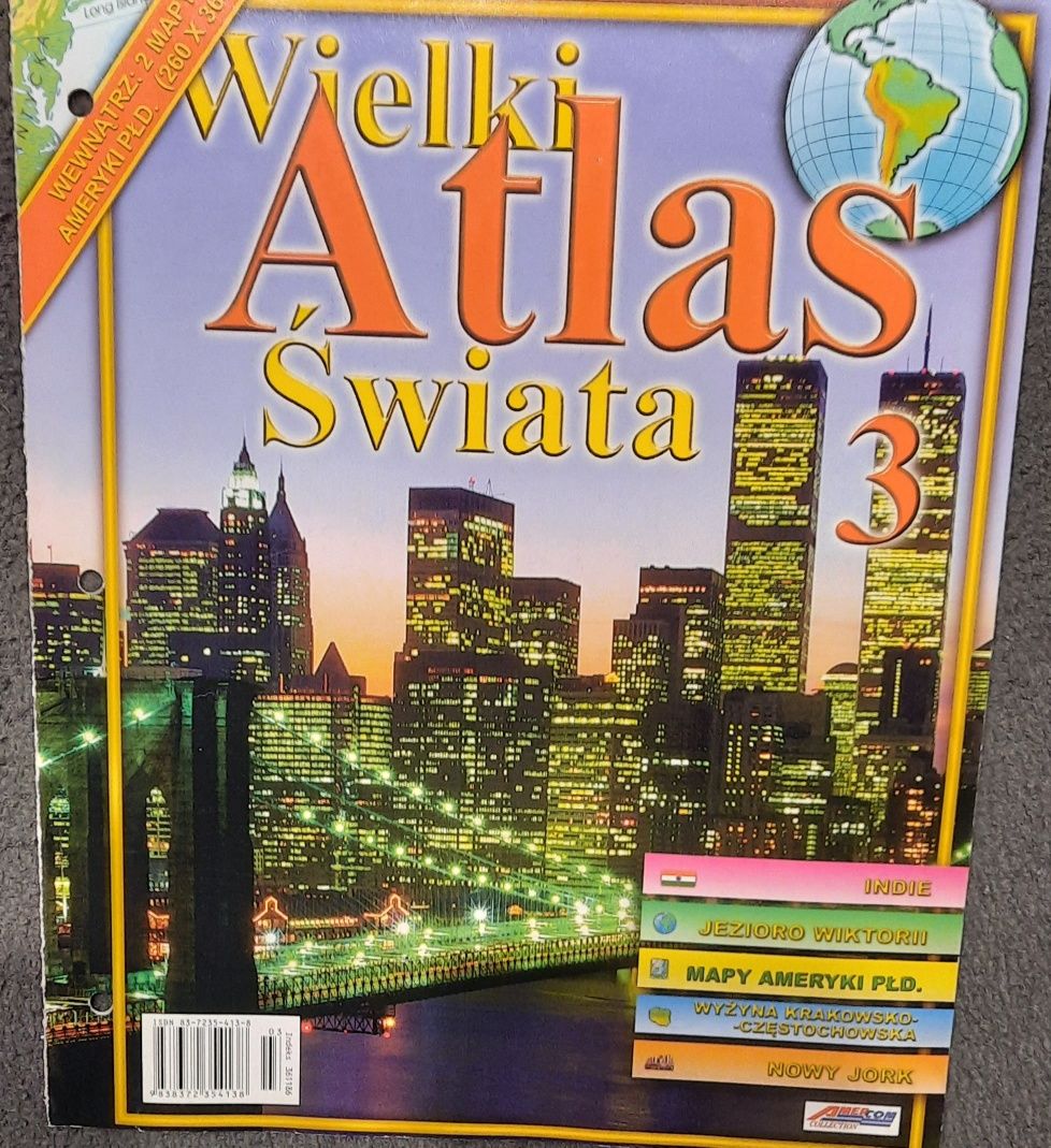 Wielki atlas świata 3. Indie, jezioro Wiktorii, mapy Ameryki Płd.