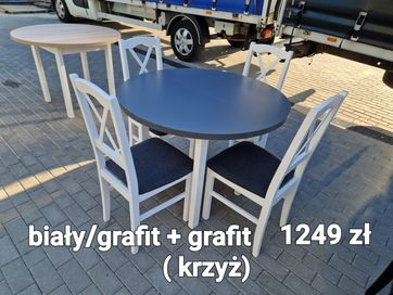 Nowe: Stół okrągły + 4 krzesła, bialy / blat grafit + grafit ( krzyż )