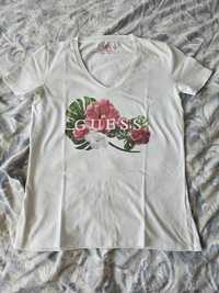 Biały T- shirt Guess z nadrukiem w kwiaty S lato