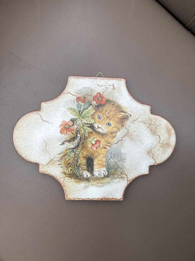 Stara plytka ceramiczna z kotkiem kot kotek handmade sygnatura