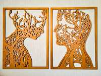 Ażurowa, drewniana dekoracja ścienna 3d, para, las, drzewa, scandi