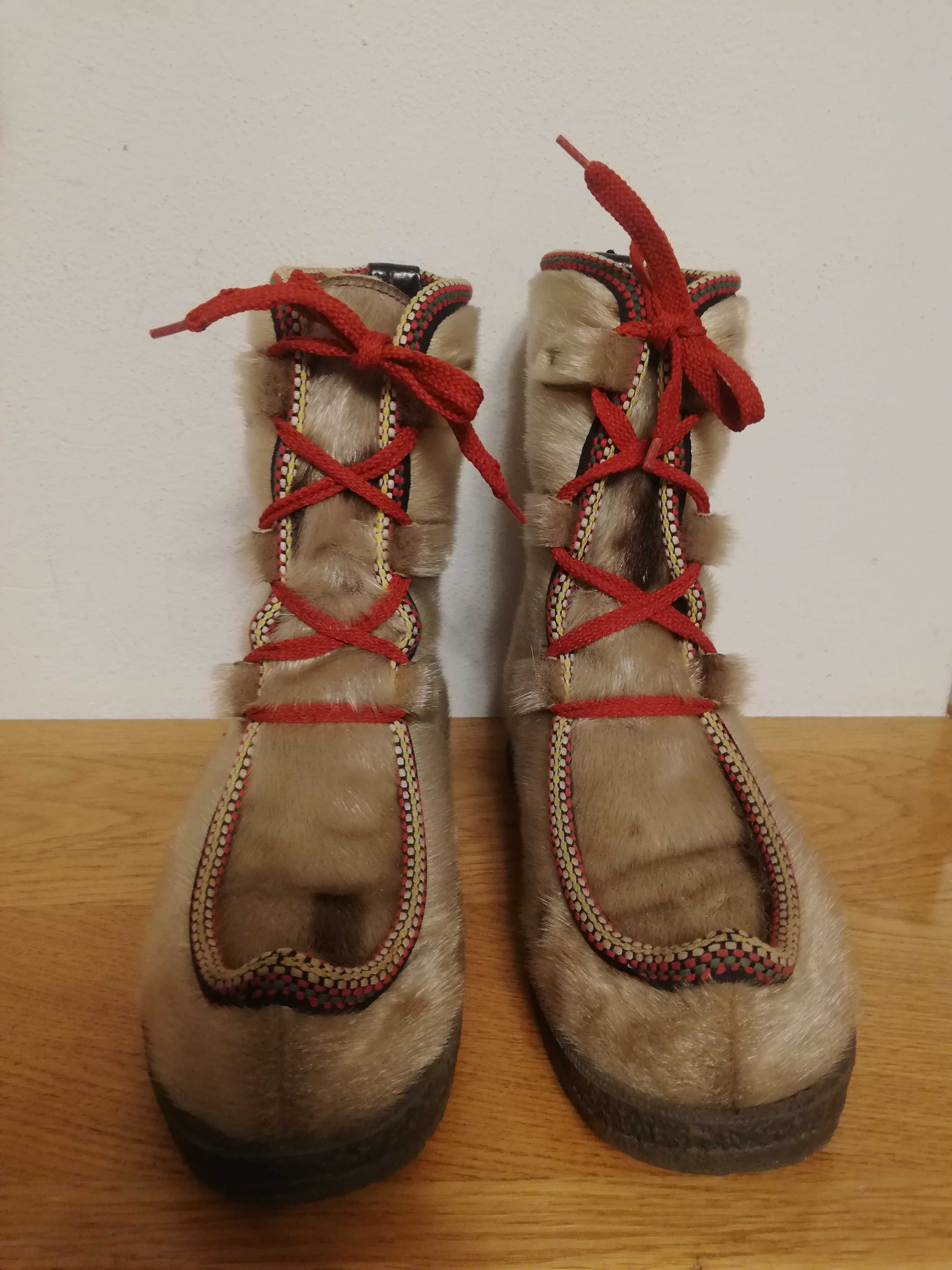 skórzane skandynawskie buty zimowe vintage renifer śniegowce futrzane