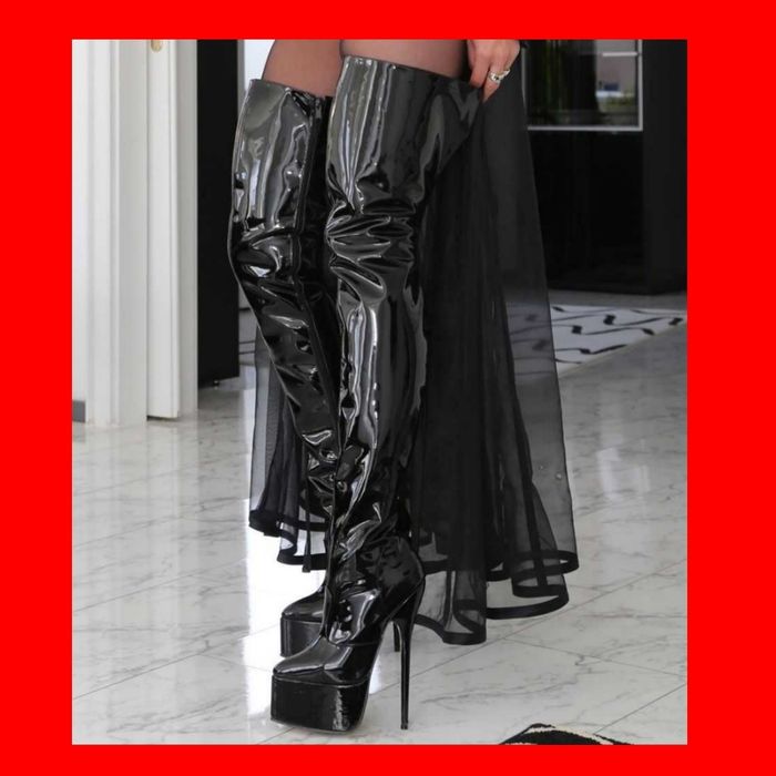 LATEX kozaki szpilki wysokie platforma heels styl Louboutin exotic dan