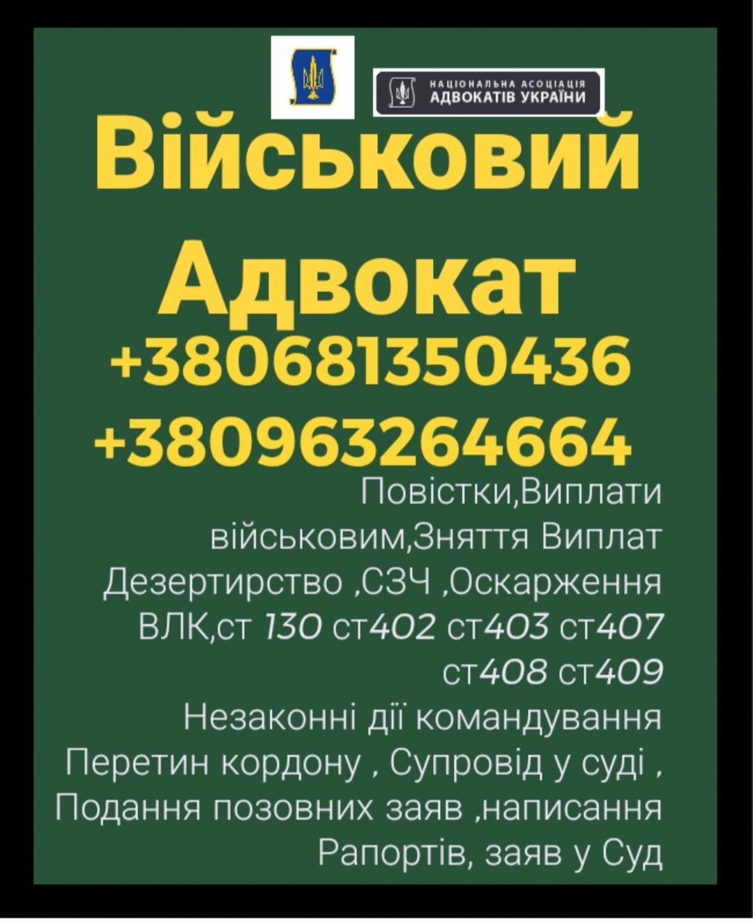 АдвокатВійськовий,Сзч,Влк,Рапорти,Запити,Супровід у Суді,ст130