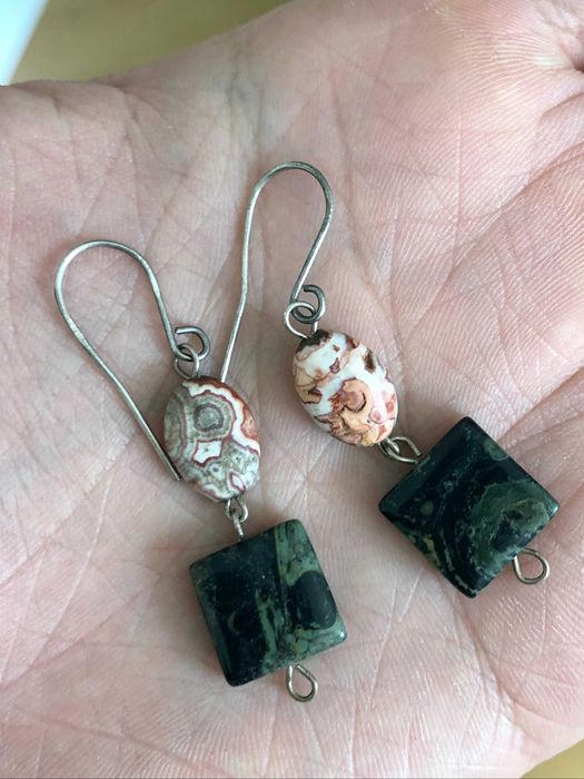 Srebrne Kolczyki Wiszące Agat Koronkowy i Jaspis Kambaba
