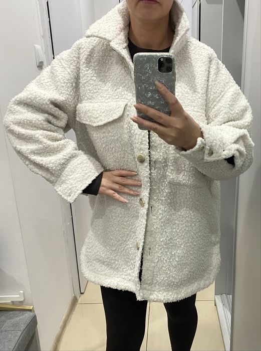 Baranek kurtka koszula H&M złamana biel L