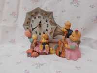 Zegar kominkowy stojący figurka z misiami różyczki retro vintage 80s