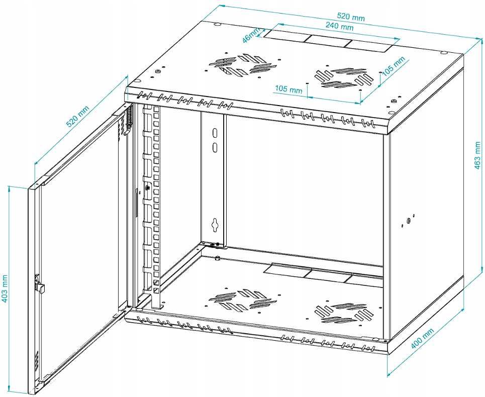 Szafa Serwerowa Wisząca RACK 19" 9U 400mm Szklane Drzwi Stalflex
