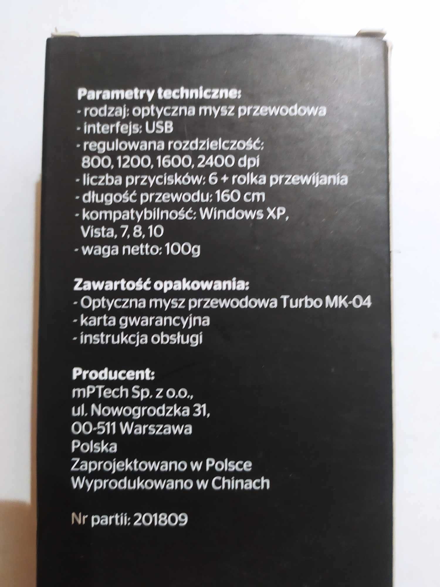 Mysz Optyczna Turbo MK-04 Przewodowa czarna dla graczy