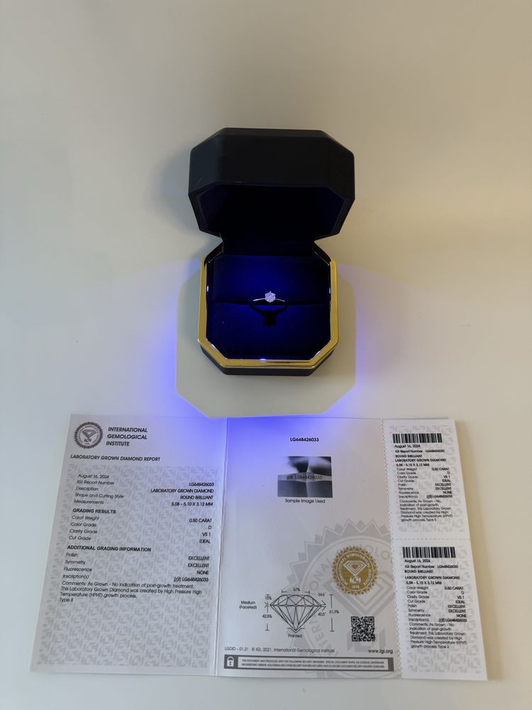 Pierścionek z diamentem 0,5 ct VS1 D, z brylantem, certyfikat IGI