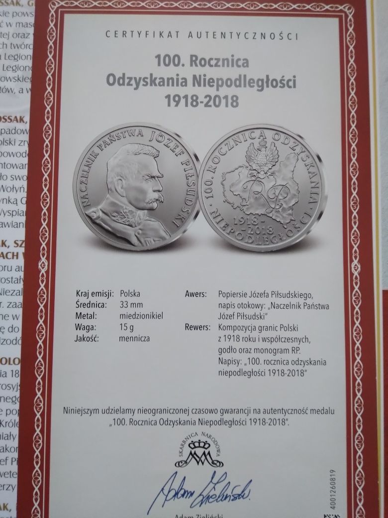 Medal "100 lat Polsiej Niepodległości"  album + certyfikat autentyczno