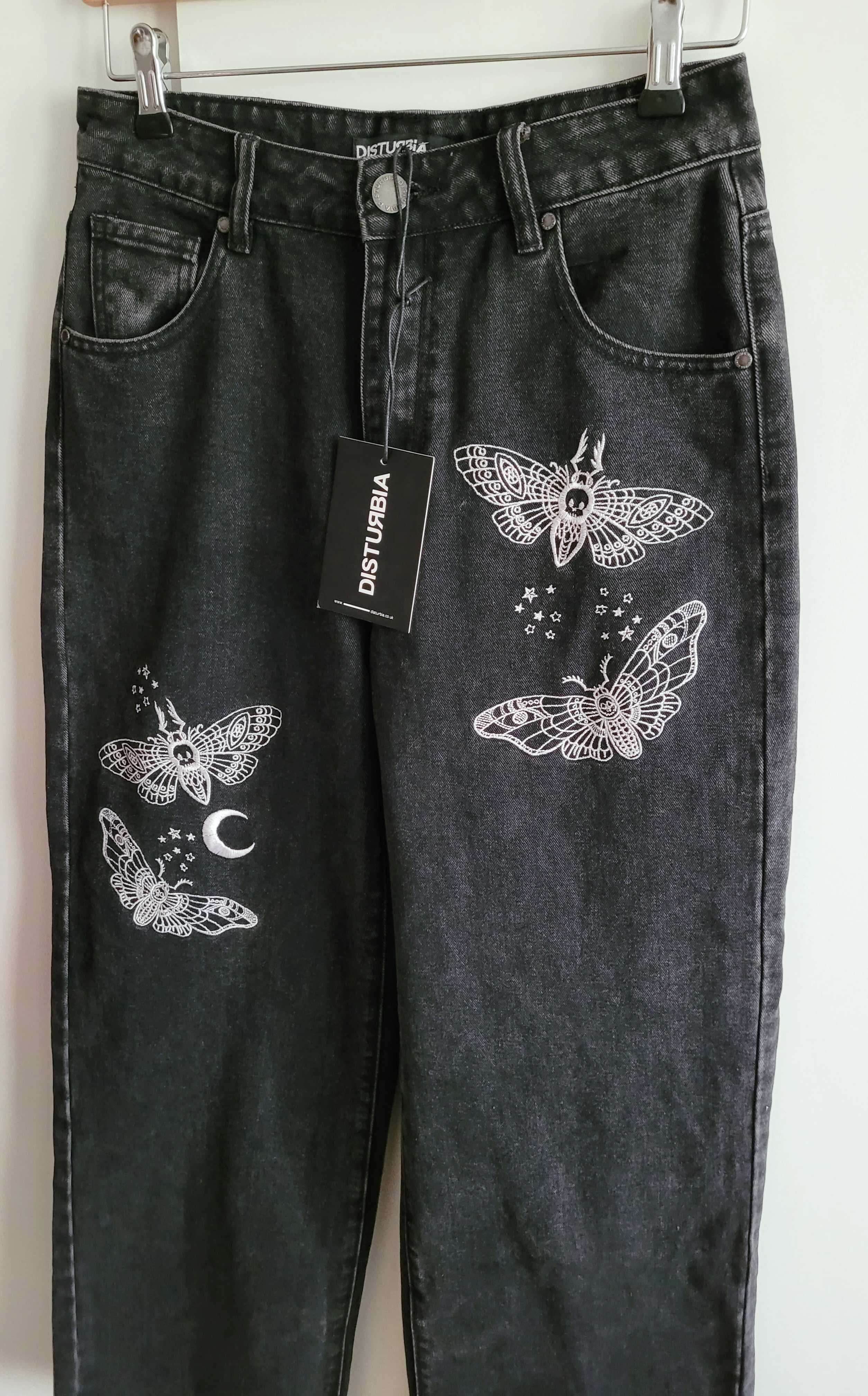Disturbia jeansy spodnie czarne wide leg szerokie haftowane 28 M 38