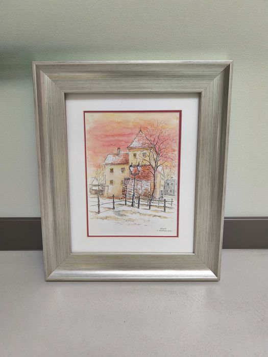 Obraz dom wśród drzew 43x49 cm akwarela