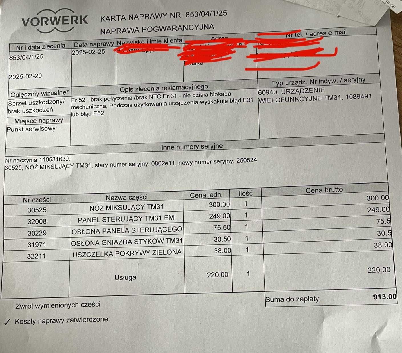 Thermomix TM31 z Varomą po serwisie - nowe noże i panel sterujący