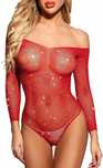Seksowne siatkowe body z cyrkonią długi rękaw bodystocking czerwony