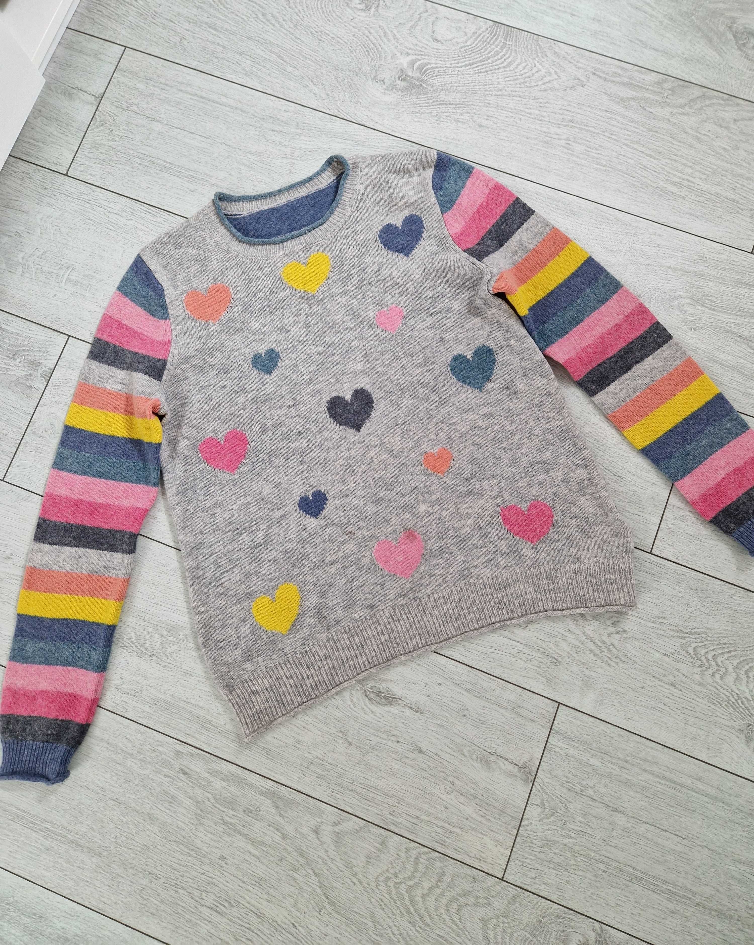 Szary wełniany sweter w kolorowe serca paski 80% lambswool 20% nylon M