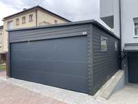 Garaż blaszany 5.5x6, brama segmentowa, grafit mat, PRODUCENT.