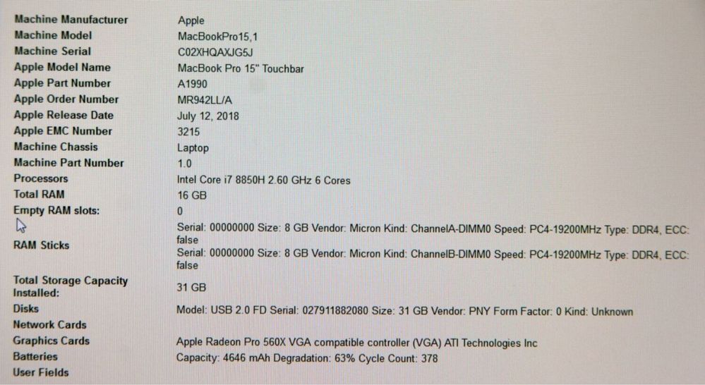 Apple MacBook Pro 2.6Ghz 6-Core i7 16Gb 512Gb 2018 15inch