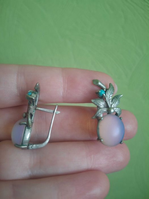 Сережки срібло з камінням місячний і бірюза