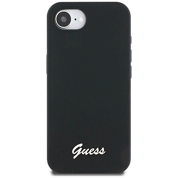 Etui Guess Silicone Script Metal Logo MagSafe na iPhone 16e - czarne