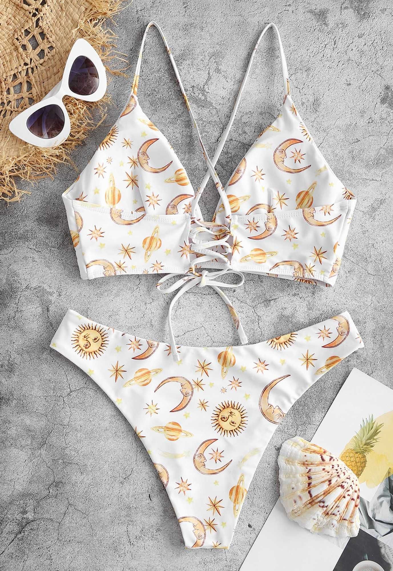 Zaful dwuczęściowy strój kąpielowy bikini biały księżyc planety M 38