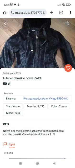 Sprzedam futerko nowe Zara