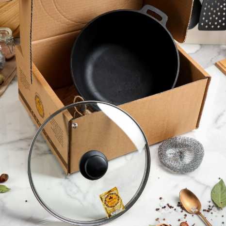 Чавунний котелок казан 5 л зі скляною кришкою wok кастрюля чугун