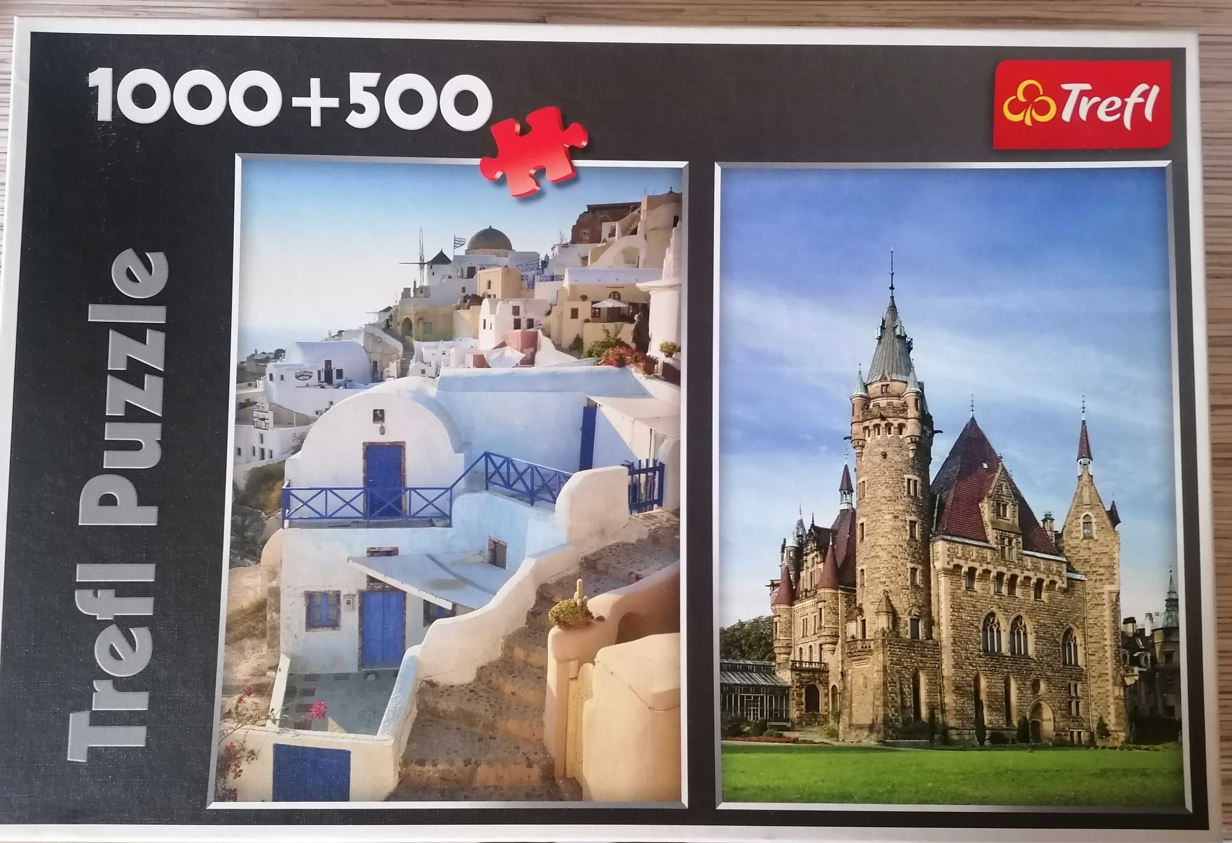 Puzzle Trefl 2w1, Santorini Grecja, zamek Moszna, 1000 i 500 elementów