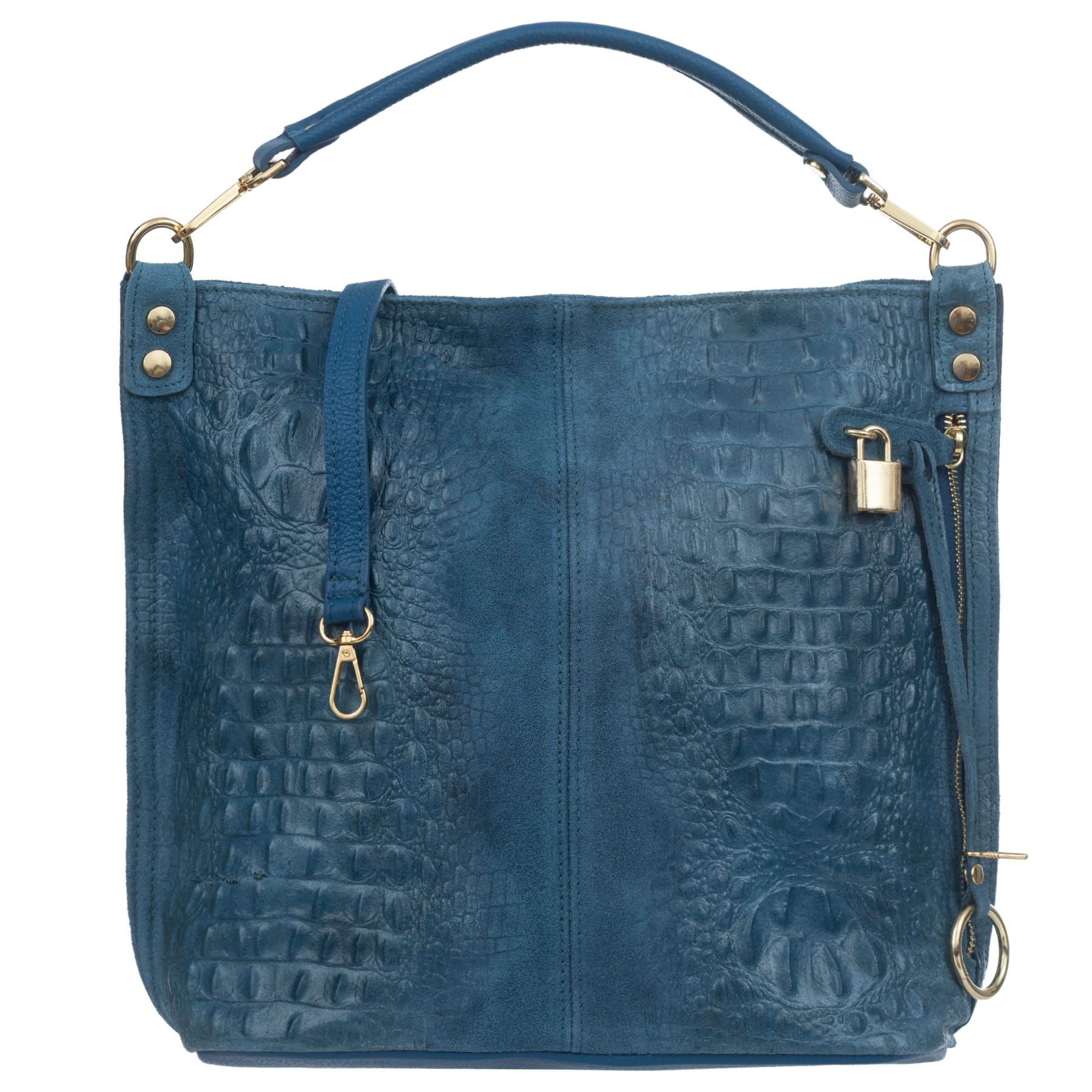 VERA PELLE torebka zamszowa worek shopper z kłódeczką V493 c.jeansowa