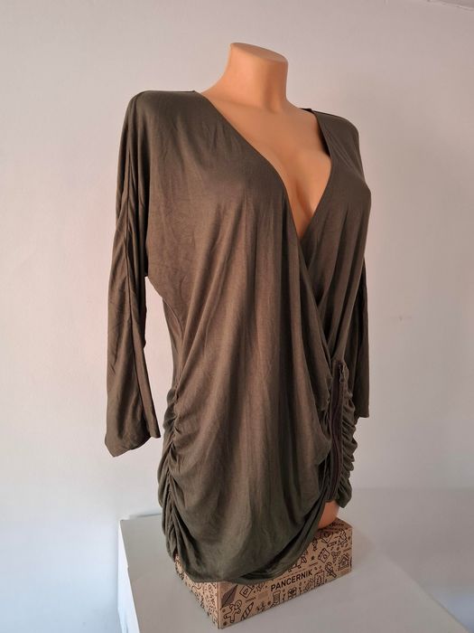 Bluzka tunika nietoperz kopertowy głęboki dekolt luźna marszczona