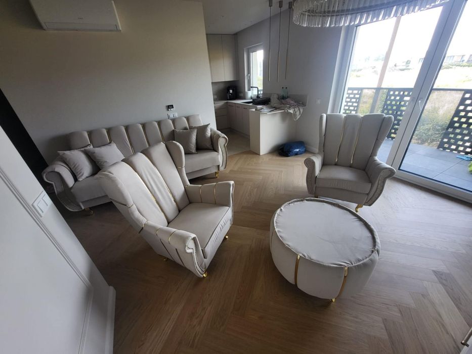 Sofa rozkładana zestaw mebli komplet Glamour fotele uszak stół stolik