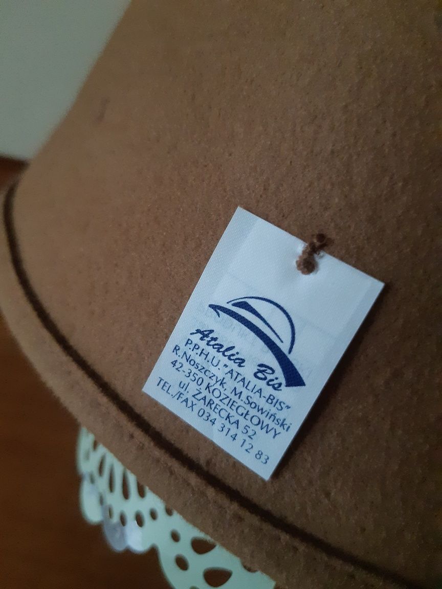 Atalia Bis unikat, nowy kapelusz/czapka premium camel wełna merino