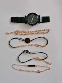 Zestaw zegarek damski czarny + 4 bransoletki