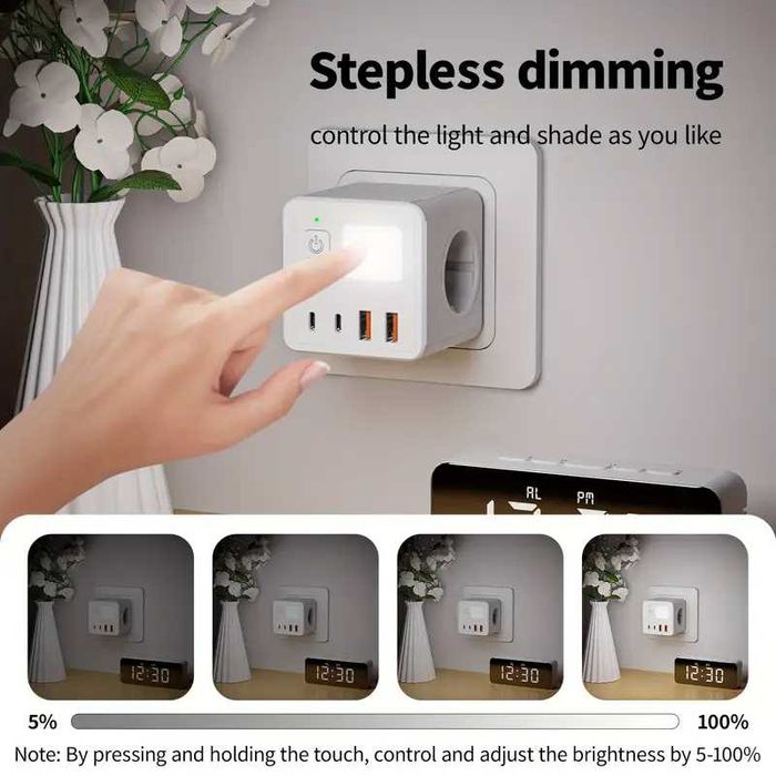 Розетка-куб мережевий розгалужувач 4 USB PD LED-нічник 3 розетки 2500W