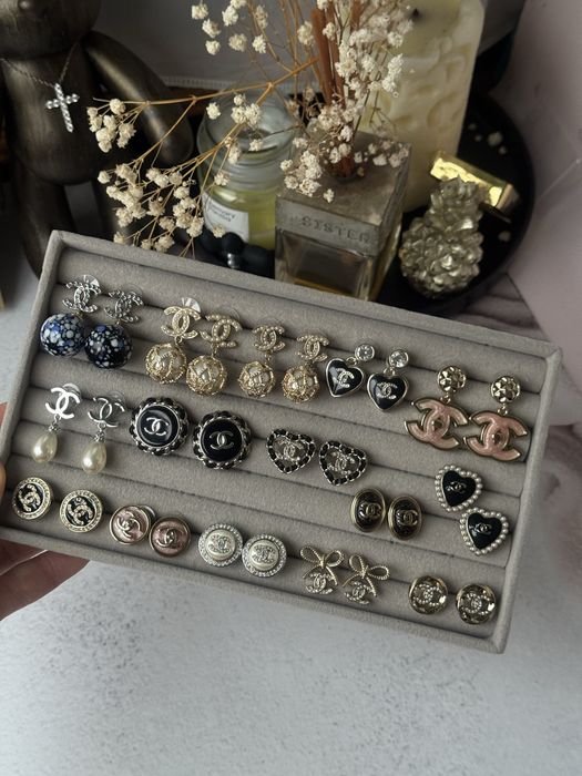 Сережки Chanel, пусети шанель, вінтажні, з перлами, з камінням, брошки