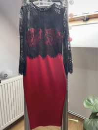 Czerwona sukienka MIDI z koronką, dopasowana