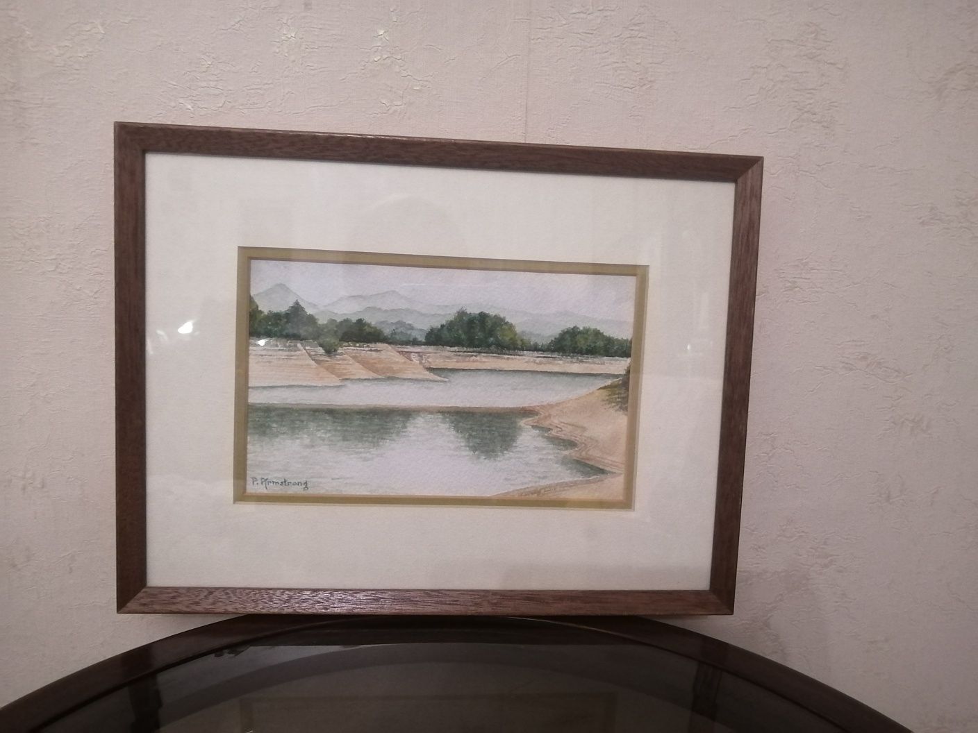 Картина акварель пейзаж под стеклом в деревянной раме с паспарту