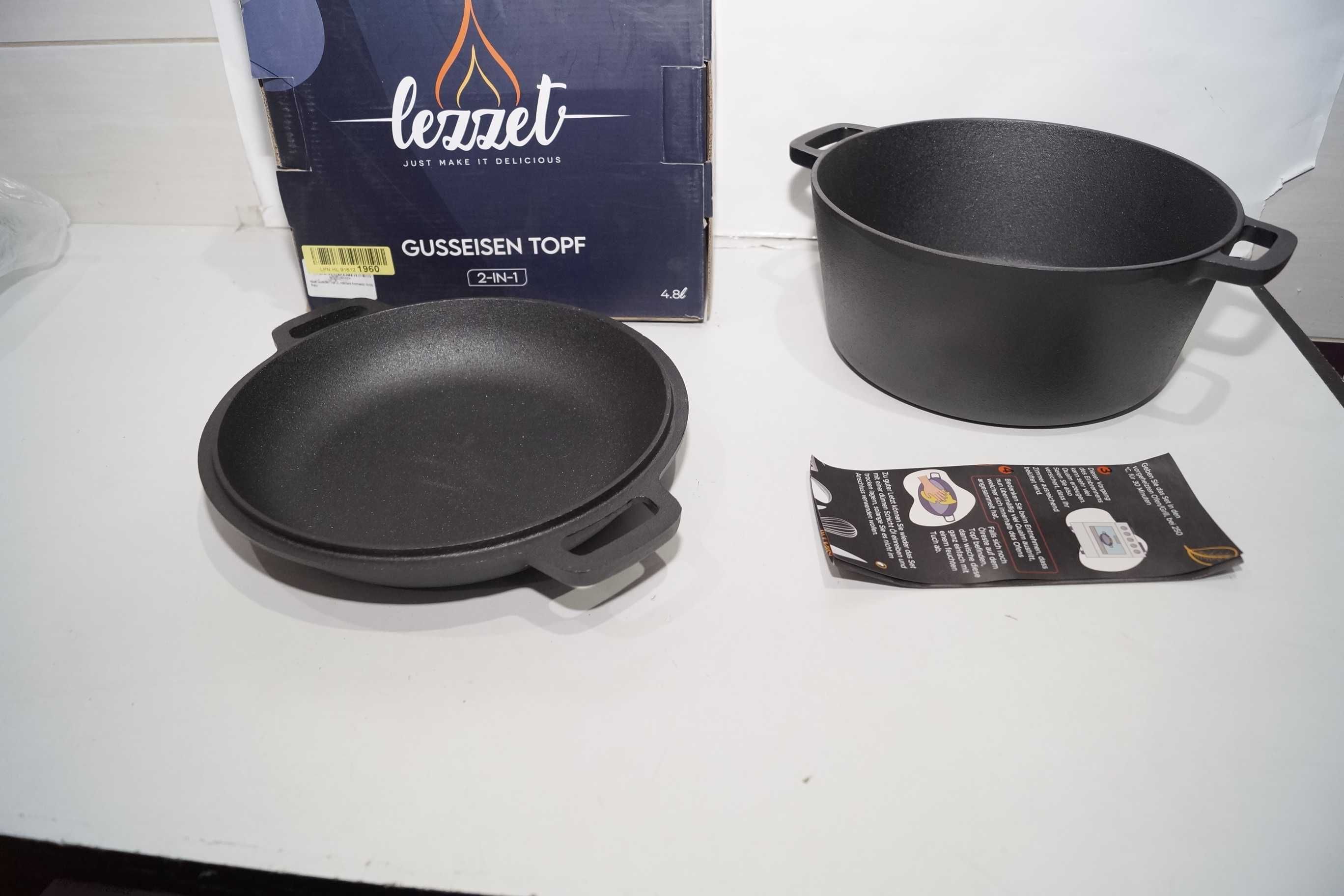 lezzet 2w1 żeliwny garnek do gotowania zapiekania z patelnią 27cm 4,8l