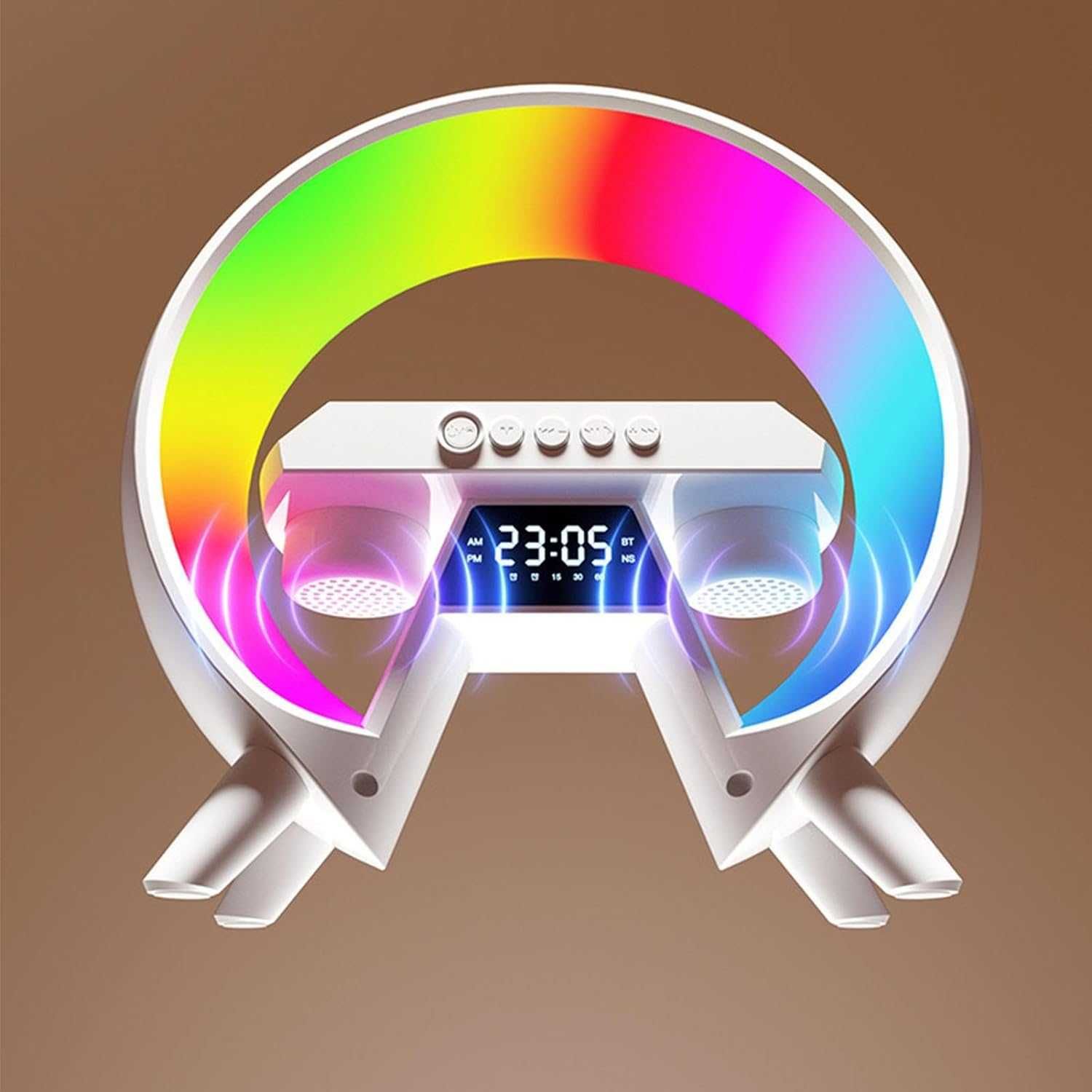 Lampka LED głośnik ładowarka indukcyjna QI RGB radio zegar kolory BT