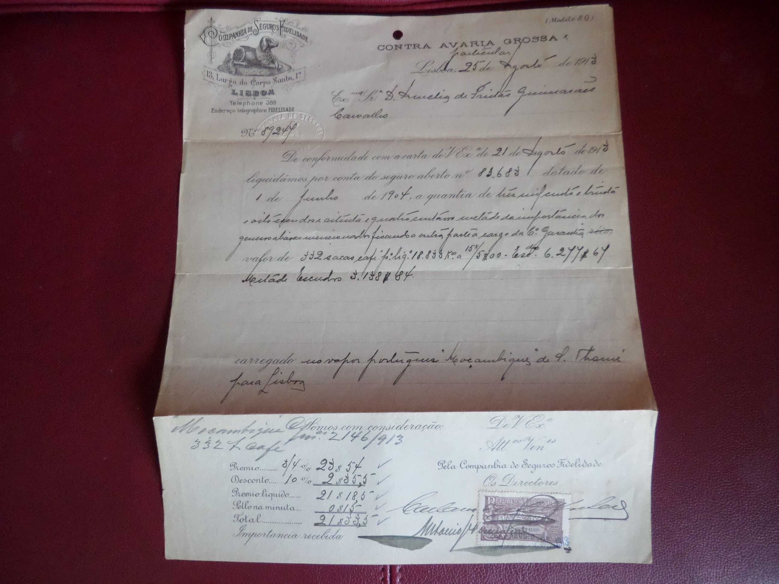 Documento antigo Recibo Seguros Fidelidade  1913