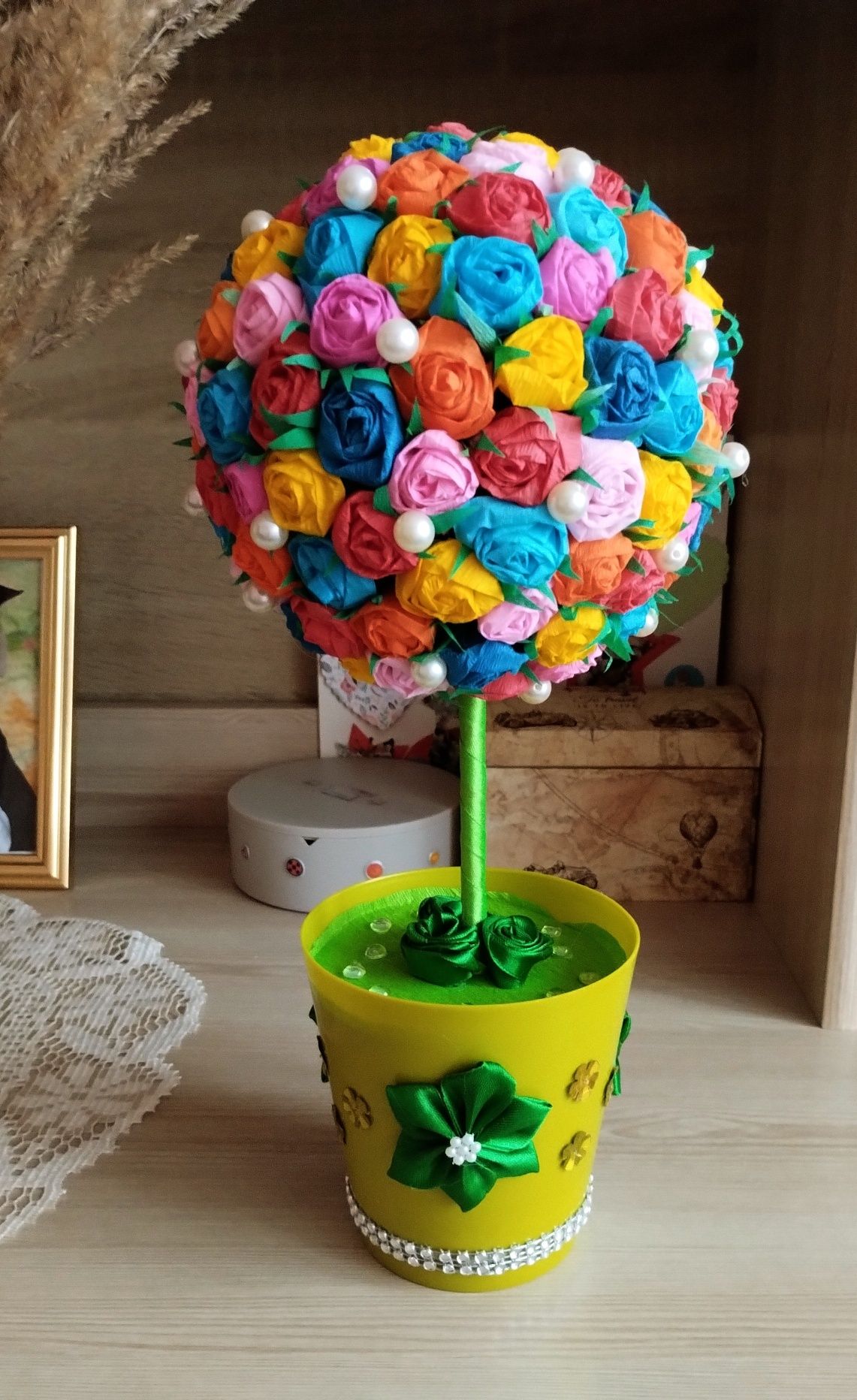 Kolorowe drzewko, stroik, dekoracja, kompozycja na Dzień  Matki - hand