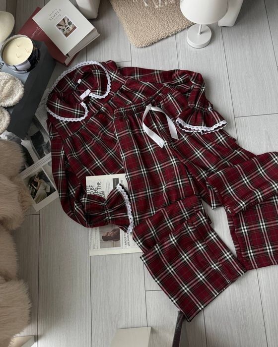 Женская пижама фланель клетчатая рубашка и штаны 42-50 бордо в клетку