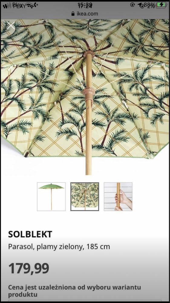 IKEA SOLBLEKT parasol ogrodowy 185cm PALMY (IKEA: 179,99 ZŁ) Nowy!