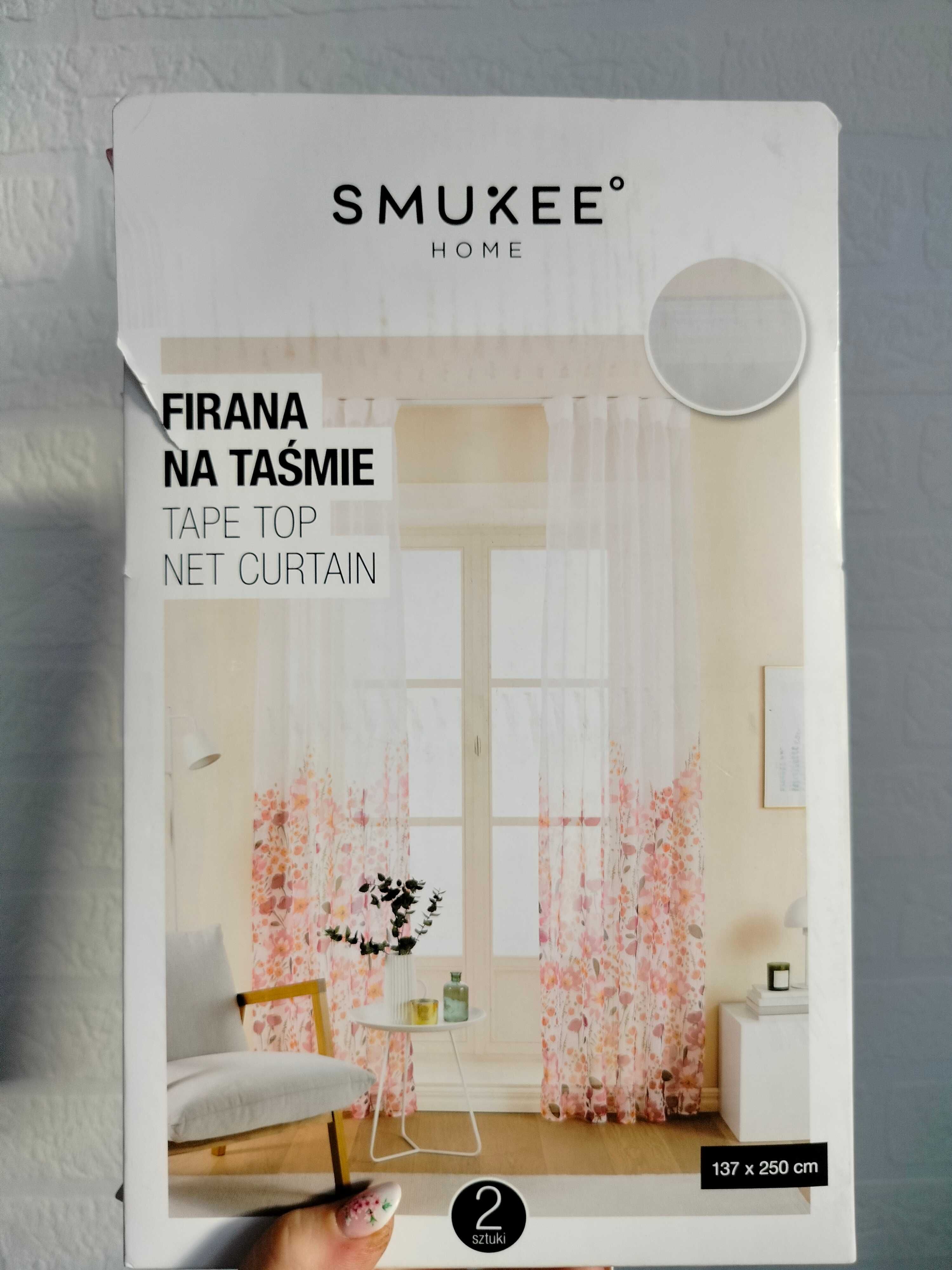 Firana na taśmie 137x250cm zwiewna kwiaty odcienie różu