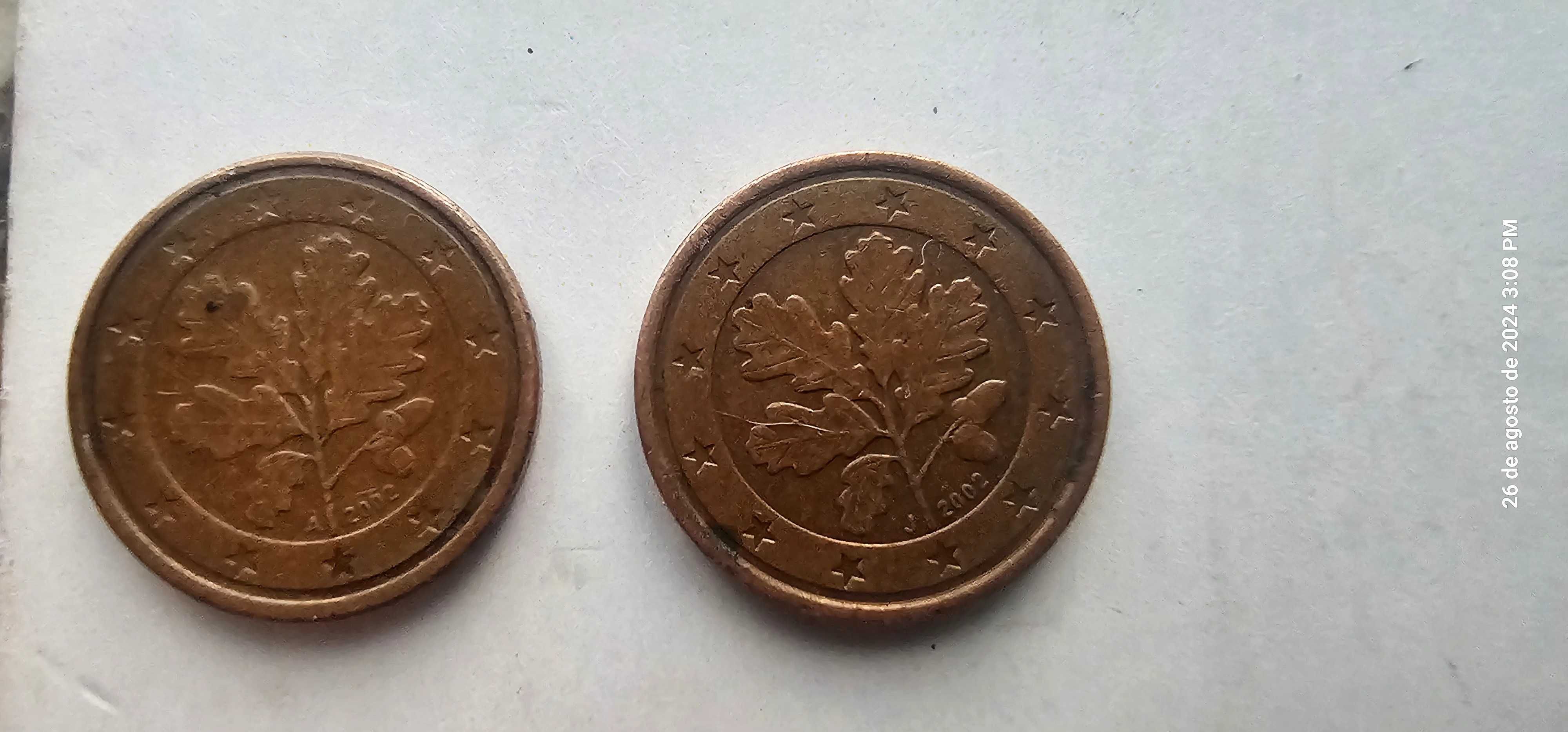 2 moedas de 1 cêntimos de 2002 uma série A e outr J