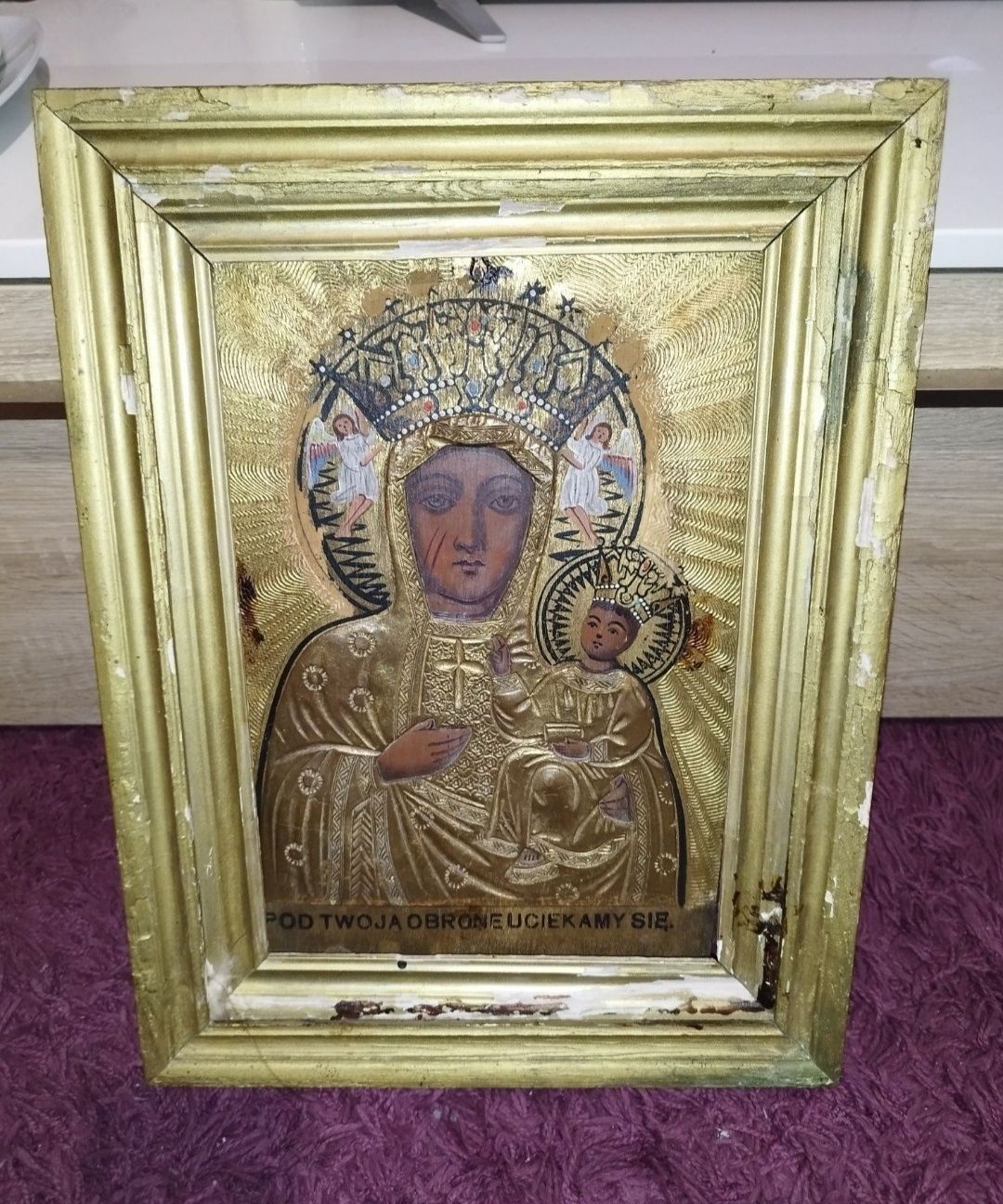 Stara ikona.. obraz.. Matka Boska Częstochowska w otwieranej ramie..